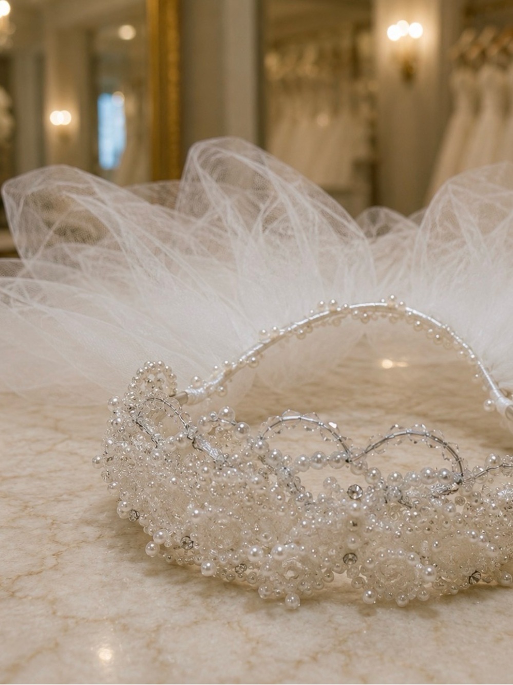 Vintage Beaded Pearl Bridal Tiara with Veil